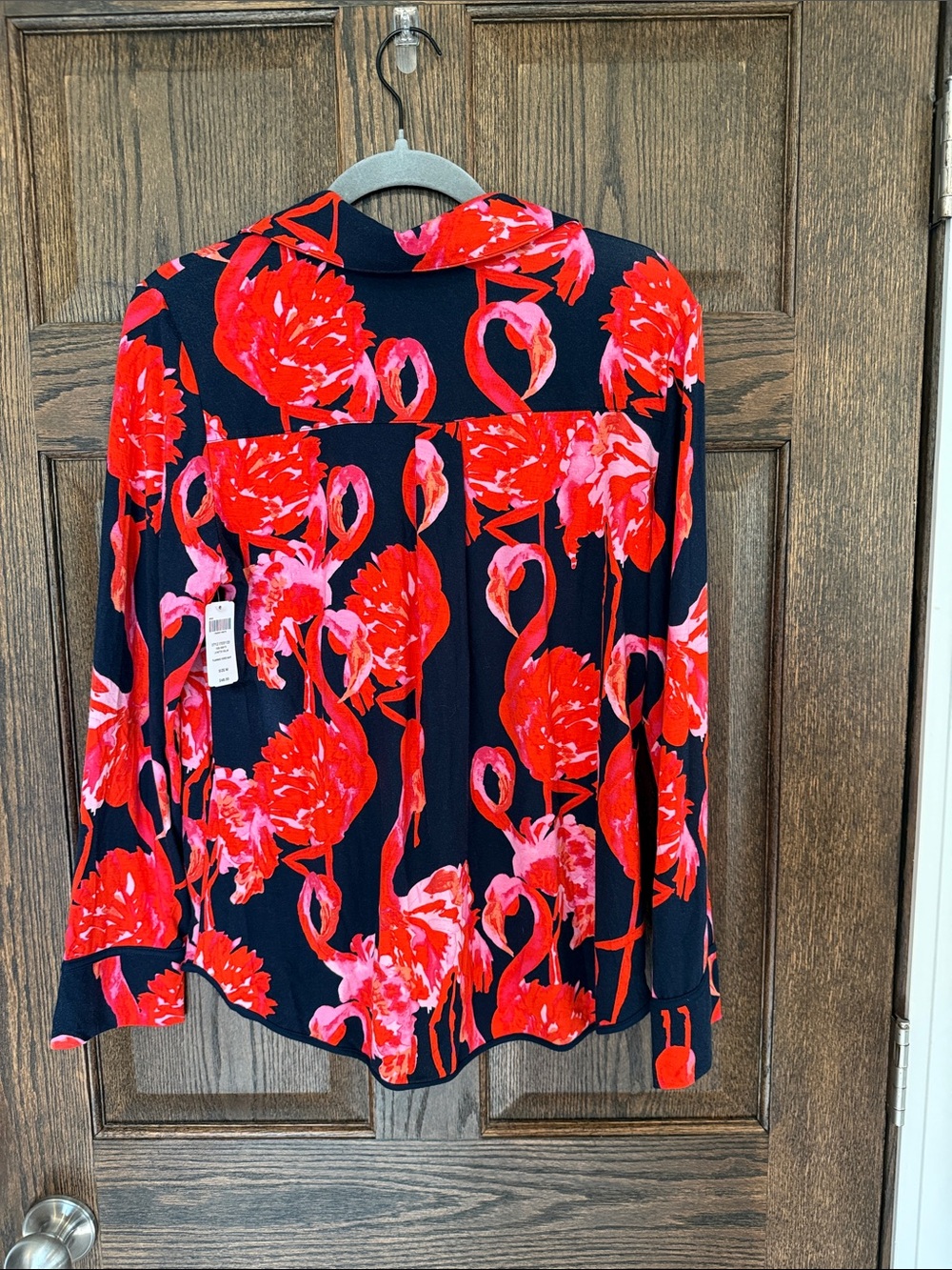 Soma Cool Night Navy red pink flamingoes print long sleeve button down pj top - Picture 8 of 9